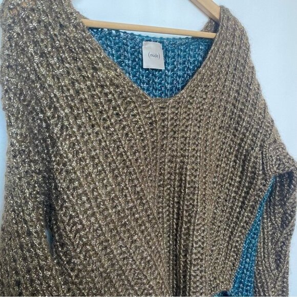 (Nude) Metallic Mohair and Wool blend  Chunky Knit Metallic Sweater Size Large - Picture 7 of 12
